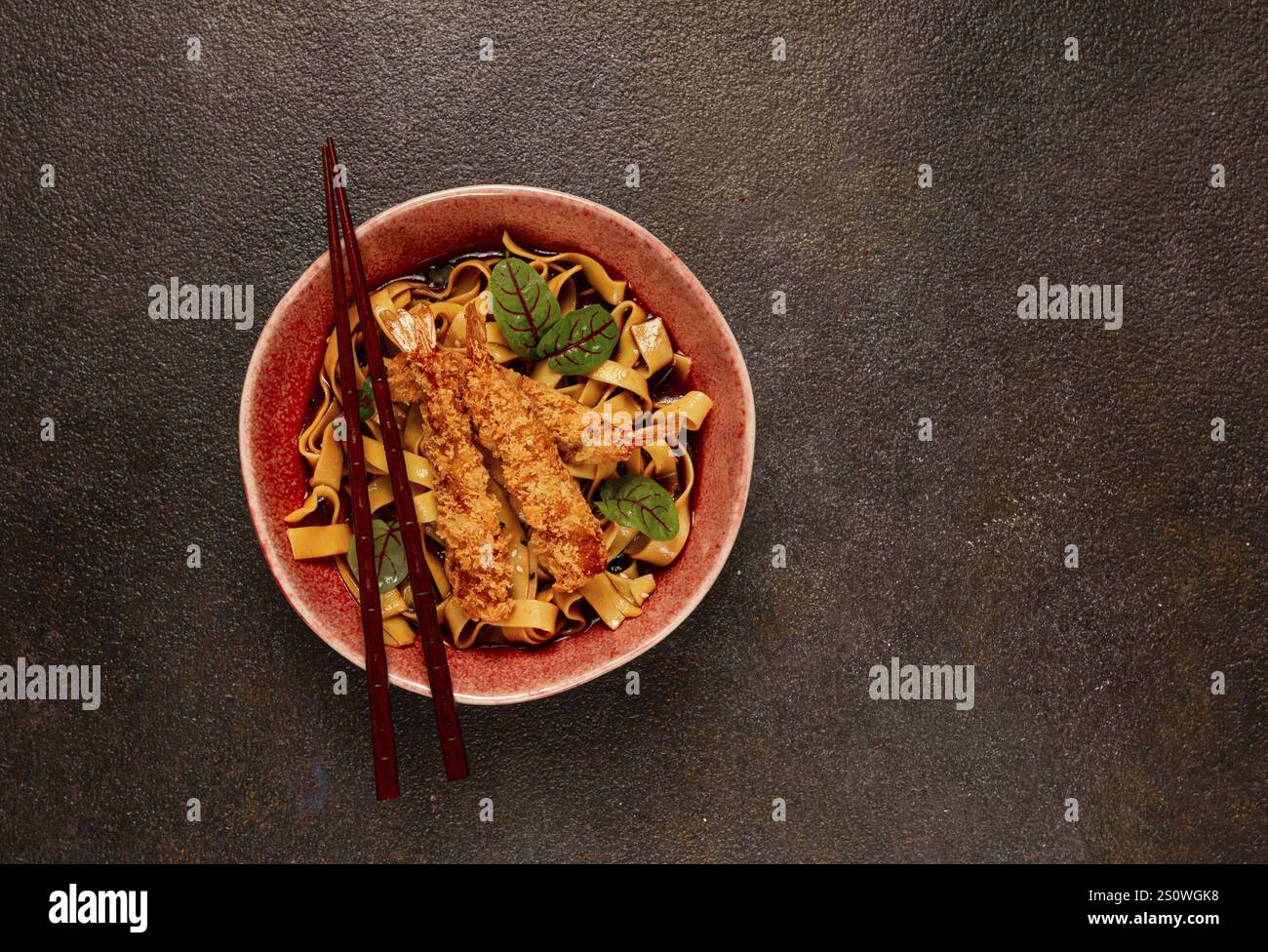 Udon noodles with shrimp in tempura, Japanese cuisine, homemade, no people Stock Photo