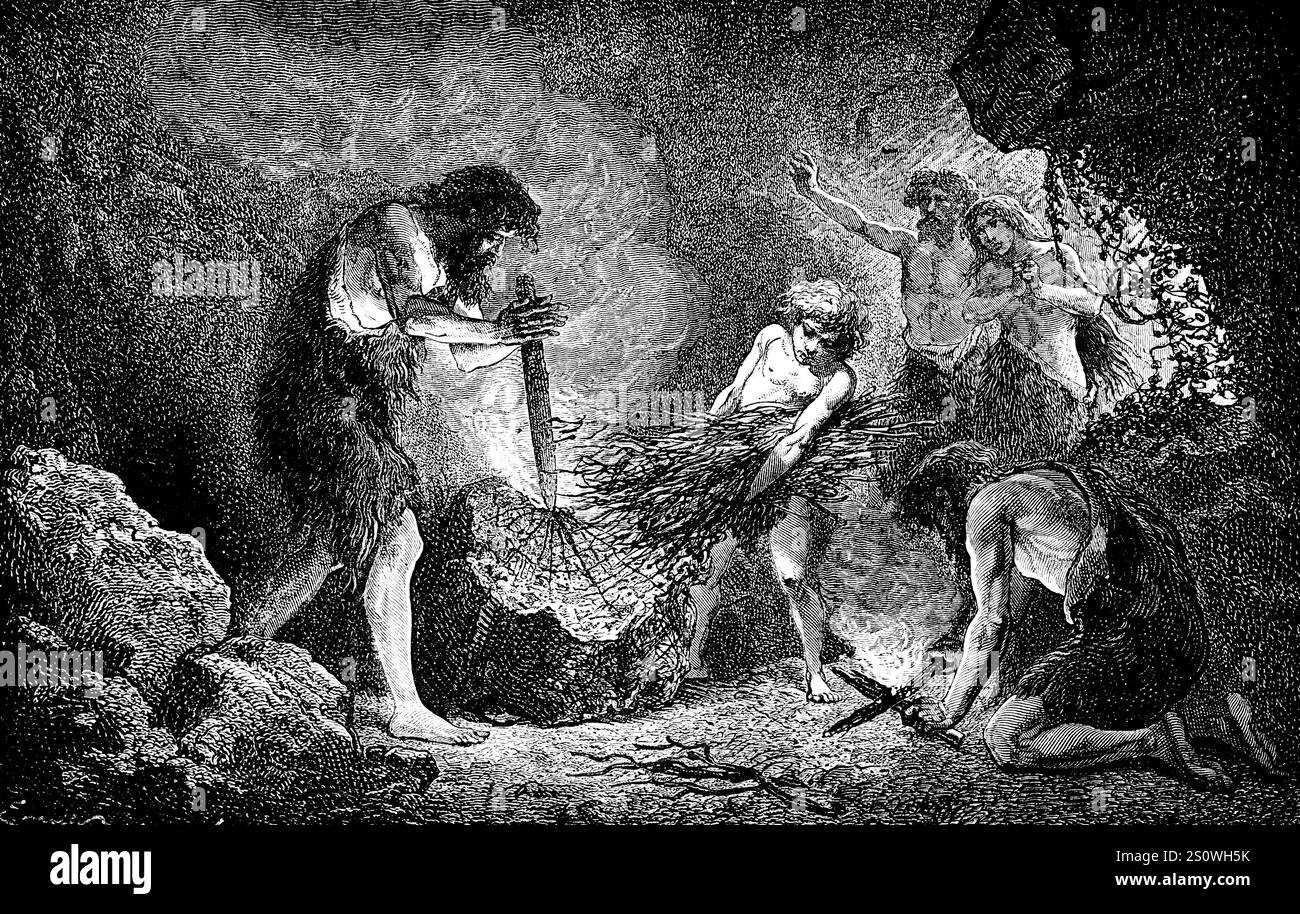 Creation of fire by friction, stick made of wood and thin branches ...