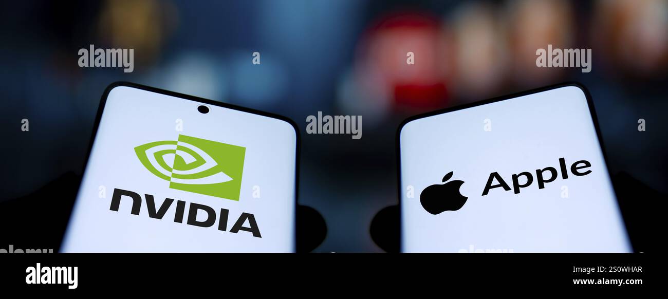 Apple and Nvidia logo is displayed on smartphone. Stock Photo