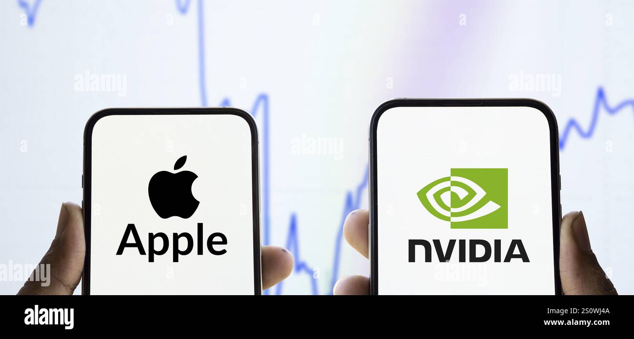 Apple and Nvidia logo is displayed on smartphone. Stock Photo