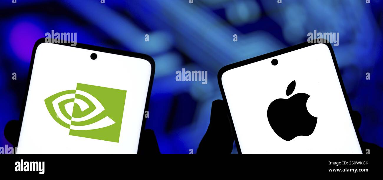 Apple and Nvidia logo is displayed on smartphone. Stock Photo