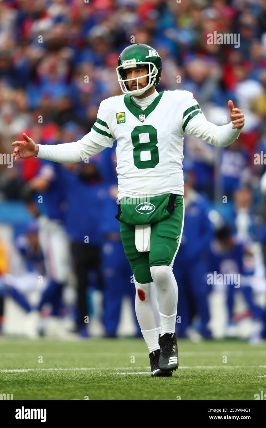 New York Jets quarterback Aaron Rodgers (8) reacts during the first
