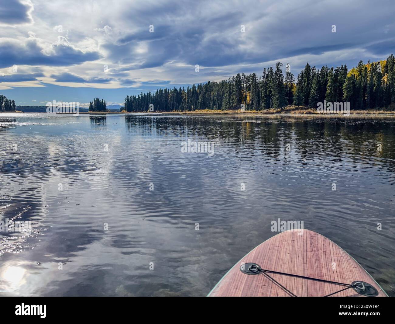 A wooden paddleboard floats on a calm lake, surrounded by forested shores and reflected dramatic clouds. A perfect outdoor adventure scene for nature - Smartphone Captured Stock Image