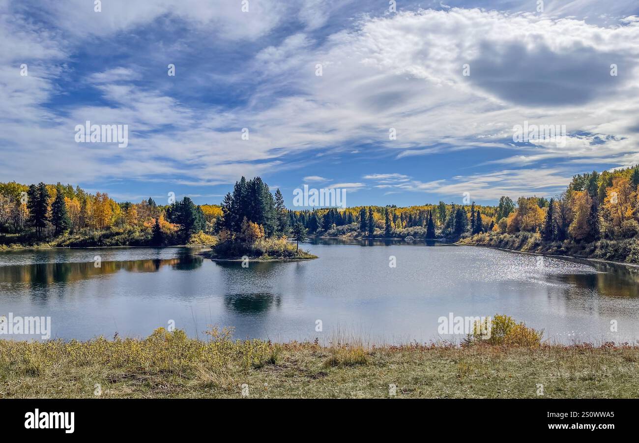Tranquil lake with a small island of pine trees, surrounded by autumn foliage under a partly cloudy sky. - Smartphone Captured Stock Image