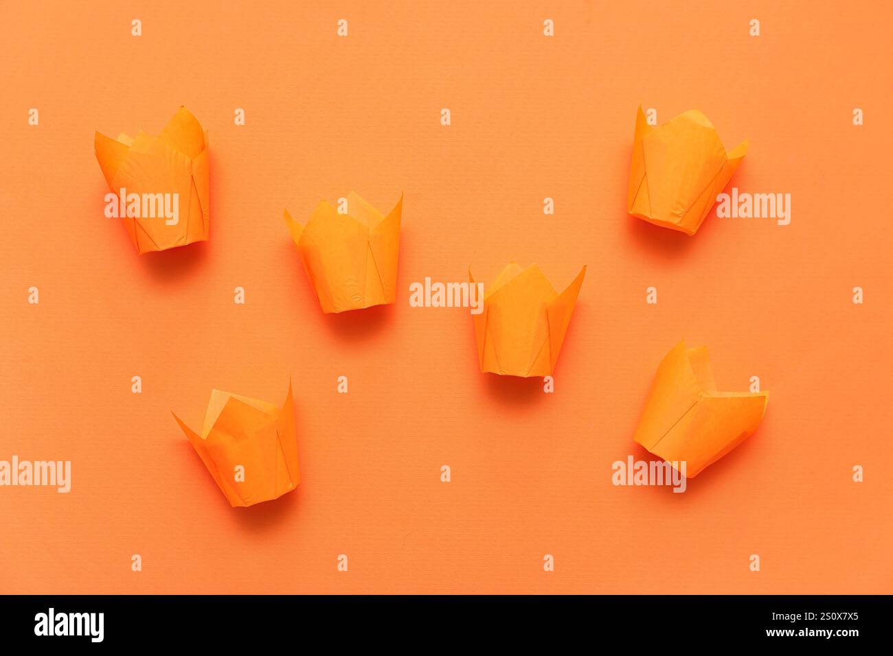 Set of paper muffin baking cups on orange background Stock Photo