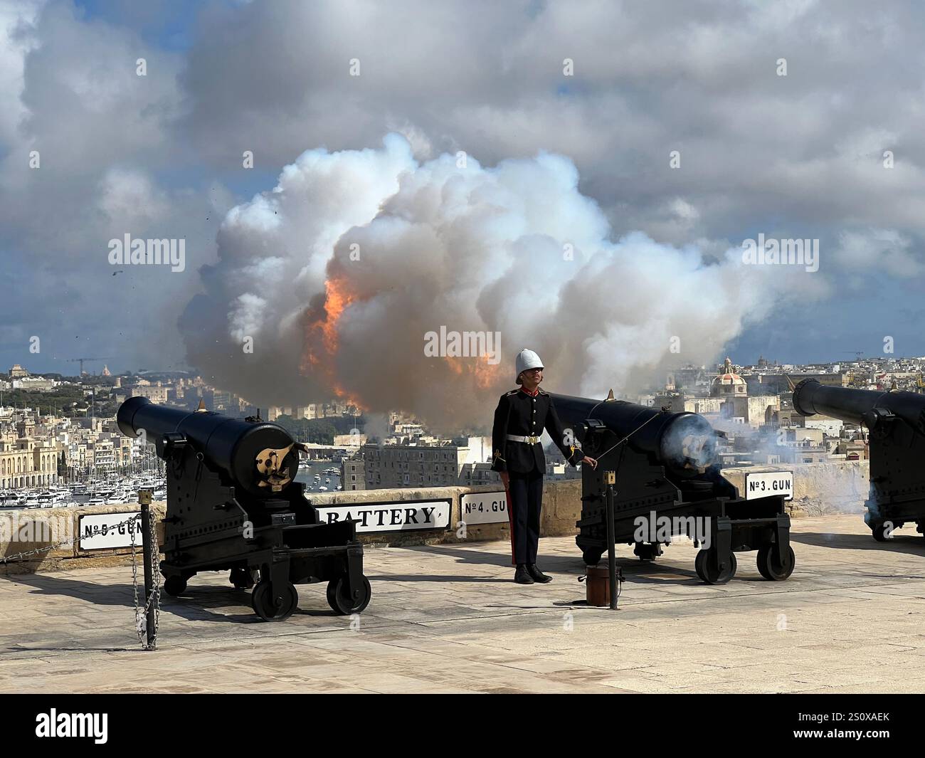 Ceremonial firing of cannon, Saluting battery, Upper Barrakka, Valletta, Malta - Smartphone Captured Stock Image