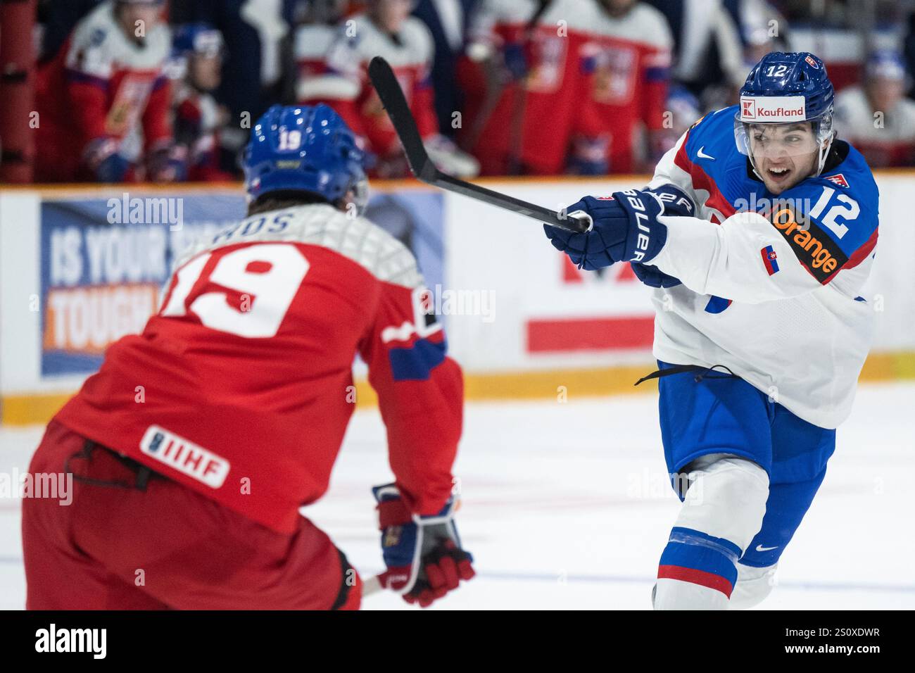 241229 Peter Cisar of Slovakia scores 21 during the 2025 IIHF World