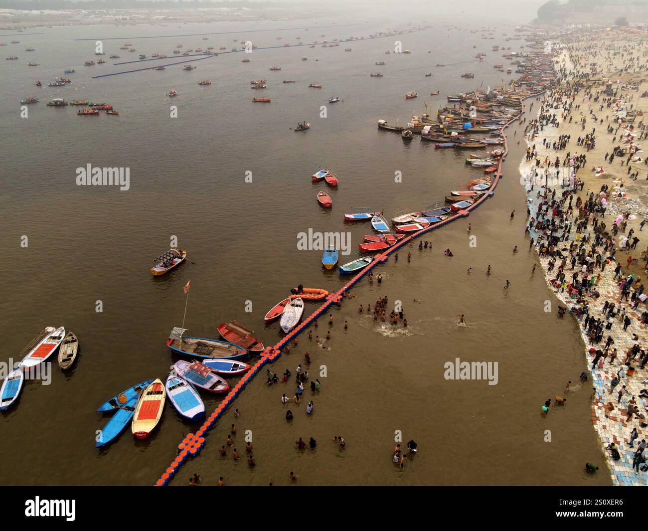 Prayagraj, India. 29th Dec, 2024. An aerial view of Sangam area ahead ...