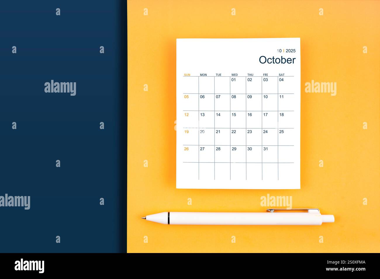 October 2025 calendar card for 2025 year on blue and yellow color