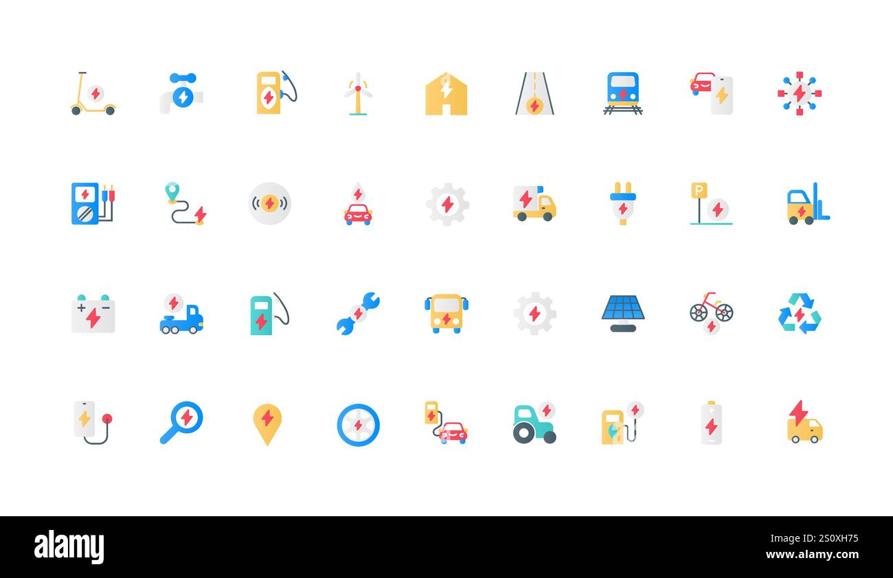 Electric energy and power production, fuel color icon set with lightning. Electro scooter and bike, car charger and repair station, parking and plug, battery flat elements vector illustration Stock Vector