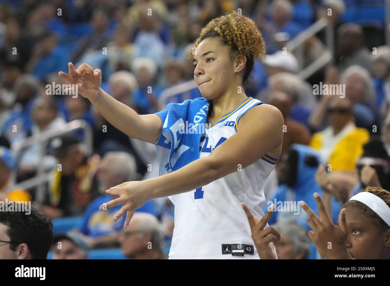 UCLA Bruins guard Kiki Rice (1) gestures after a three-point basket