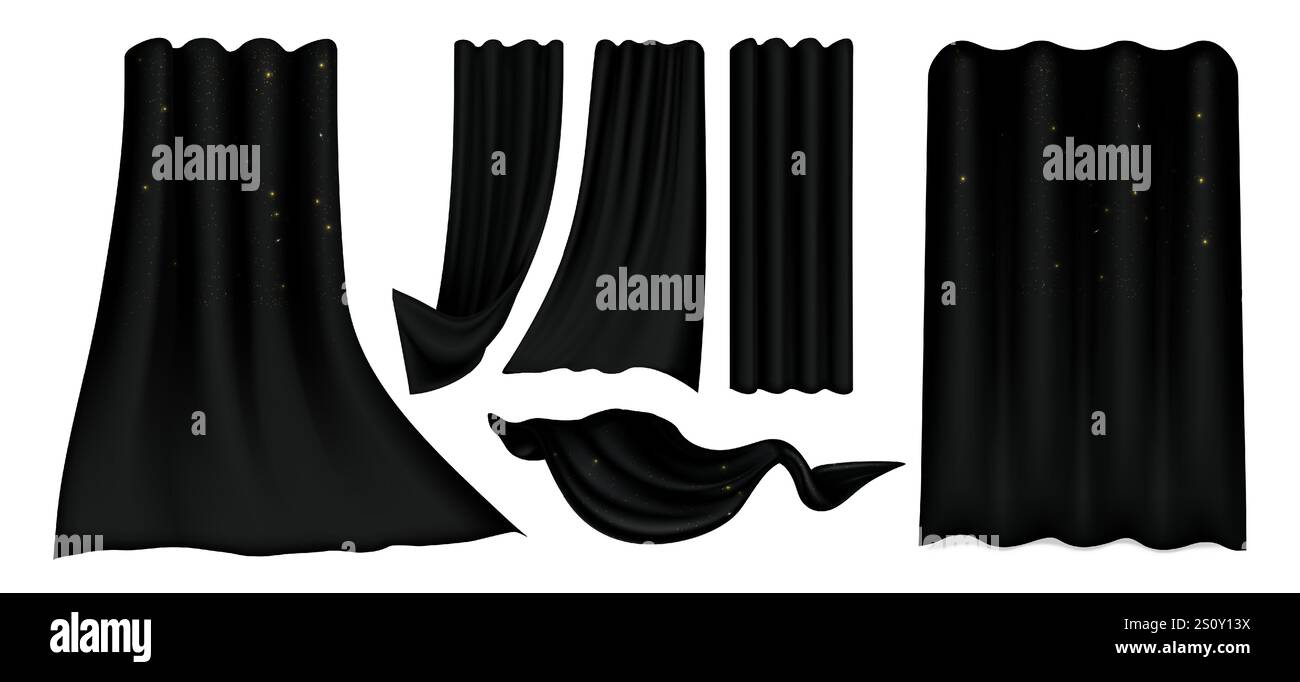 Black curtain collection of various drapery positions with soft folds ...