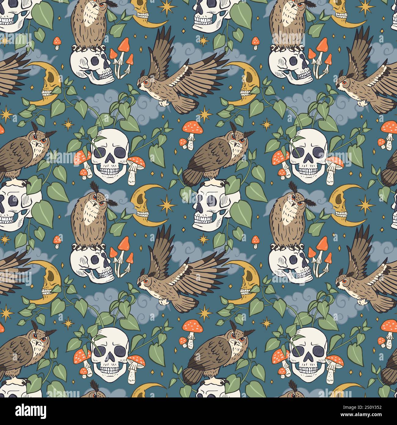 Seamless pattern with hand drawn inky eagle owls sitting on human skulls Stock Vector
