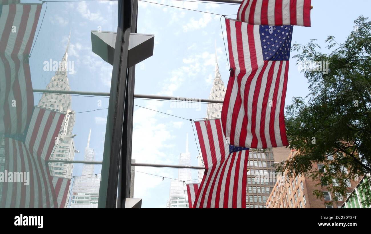 New York, american flag waving. Chrysler building. Manhattan midtown 42 ...