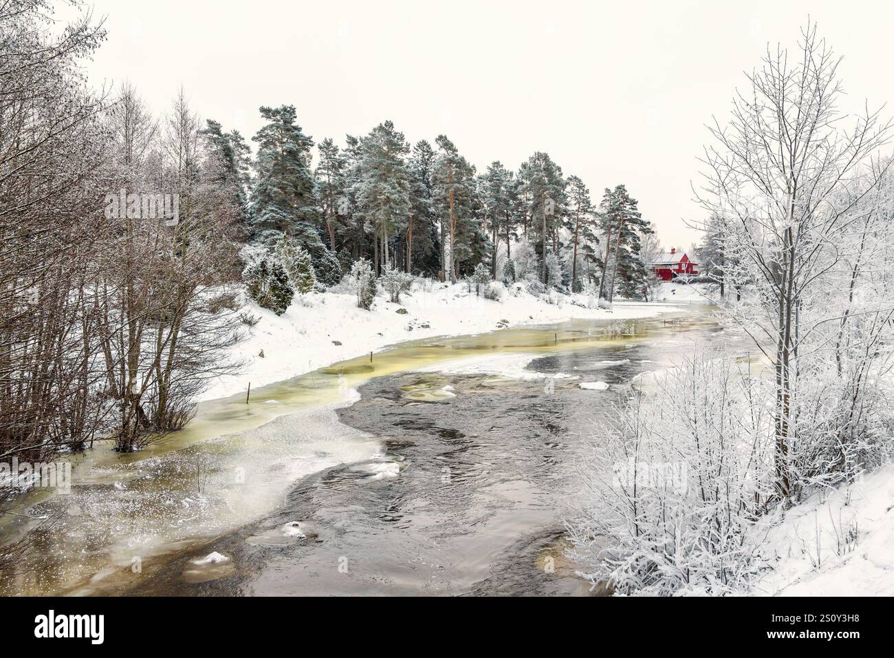 River with ice in a wintry landscape Stock Photo