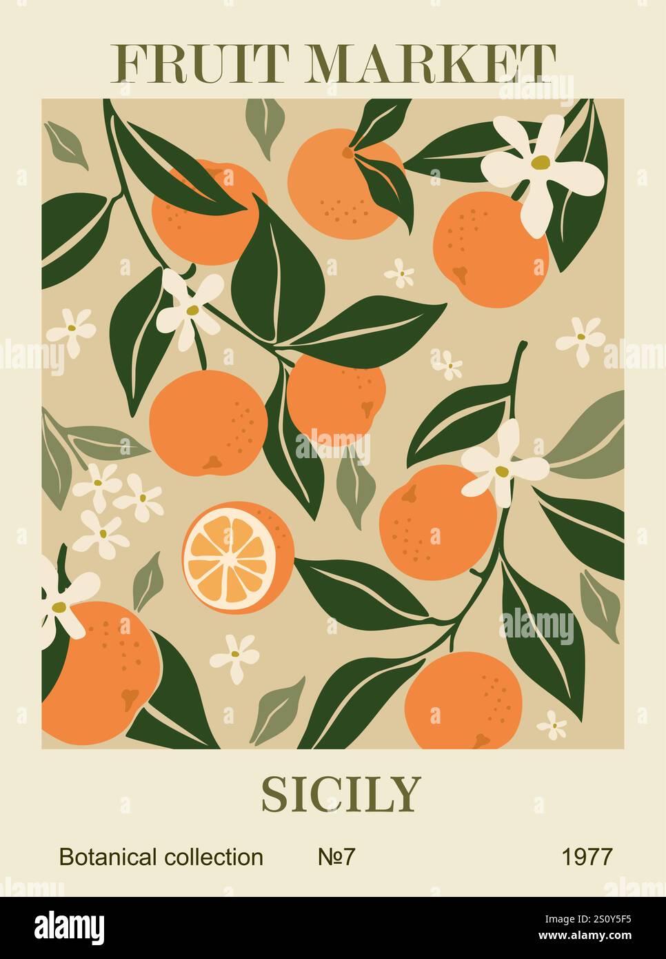 Abstract Fruit Market Sicily retro art poster. Stock Vector