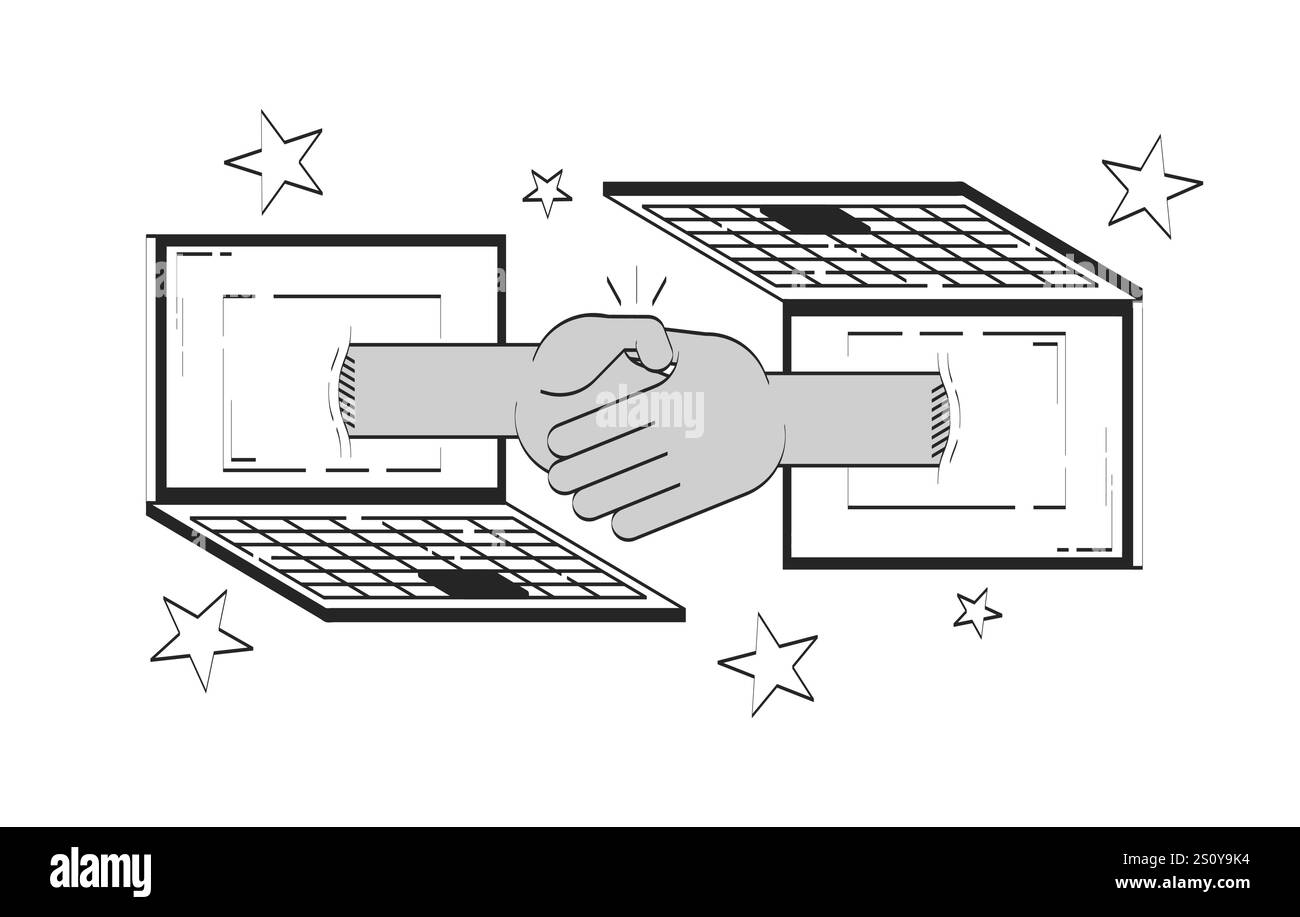 Virtual handshake connecting two laptops doodle line illustration concept Stock Vector