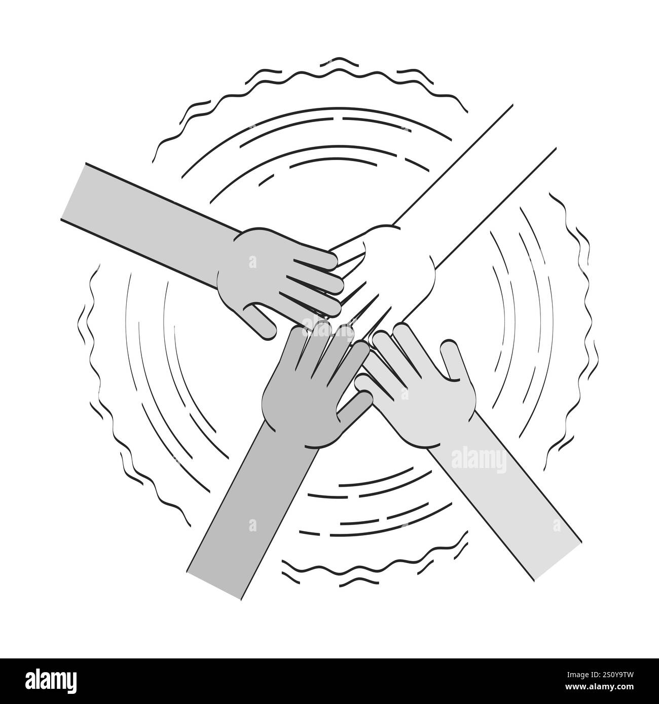 Diverse hands in unity circle doodle line illustration concept Stock Vector