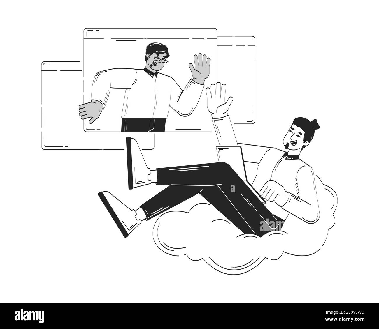 Virtual conversation with relaxed teleworker doodle line illustration concept Stock Vector