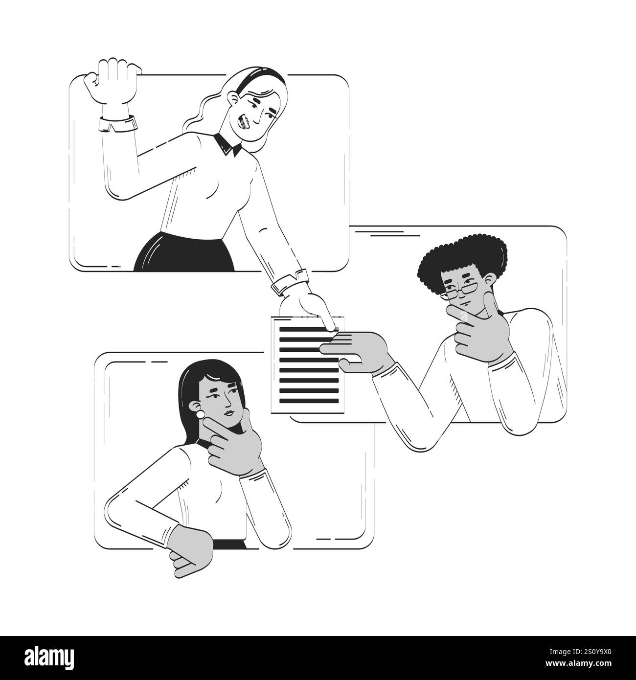 Virtual team collaborating through online interaction doodle line illustration concept Stock Vector