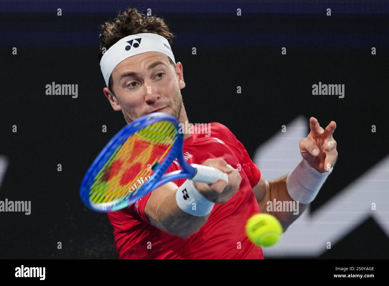 Norway's Casper Ruud plays a forehand return to Poland's Hubert Hurkaz