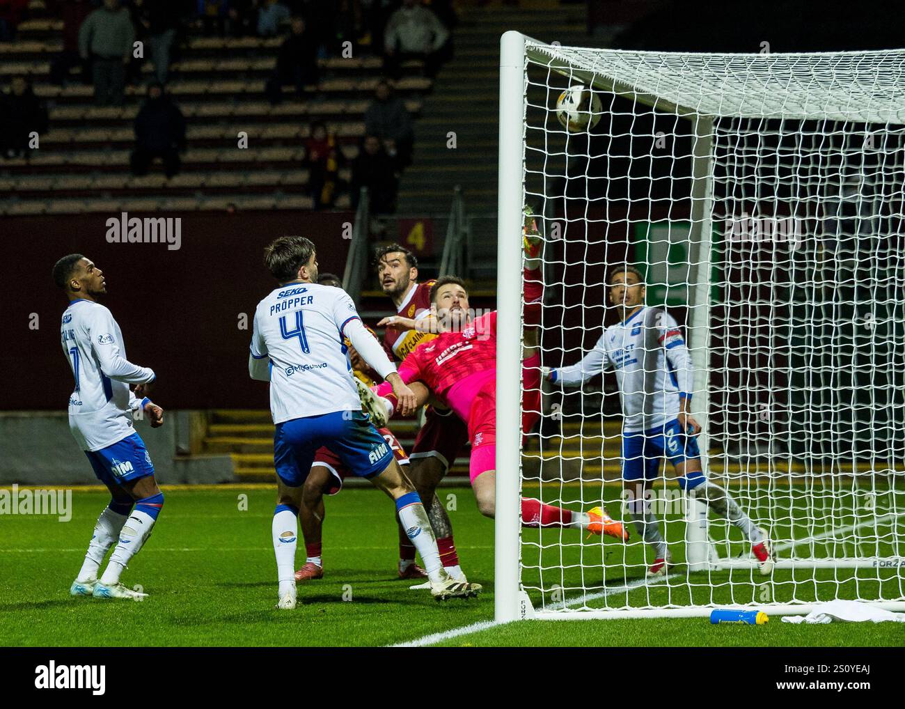 Motherwell, Scotland. 29 December 2024.  Tony Watt (52 - Motherwell) scores a third for Motherwell but the goal is ruled out for a foul on Jack Butland (GK 1 - Rangers)  Motherwell Vs Rangers - Scottish Premiership  Credit: Raymond Davies / Alamy Live News Stock Photo