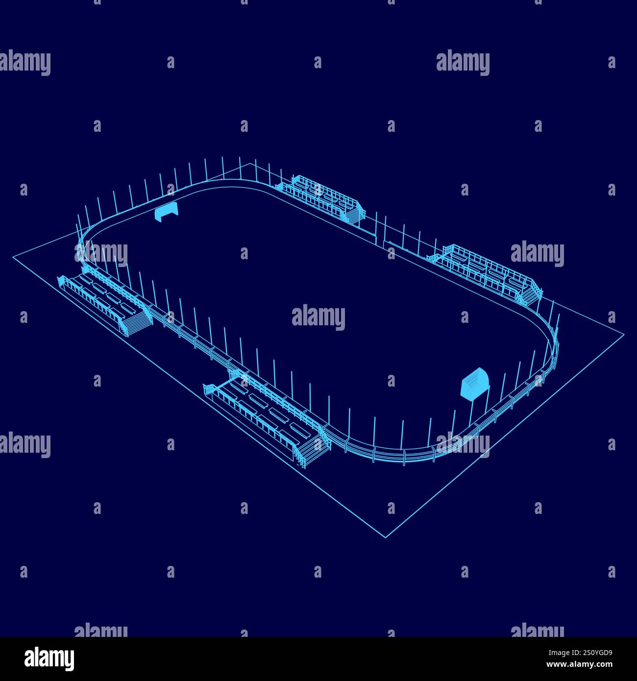 Blue drawing of a hockey rink with a blue background. The rink is empty ...