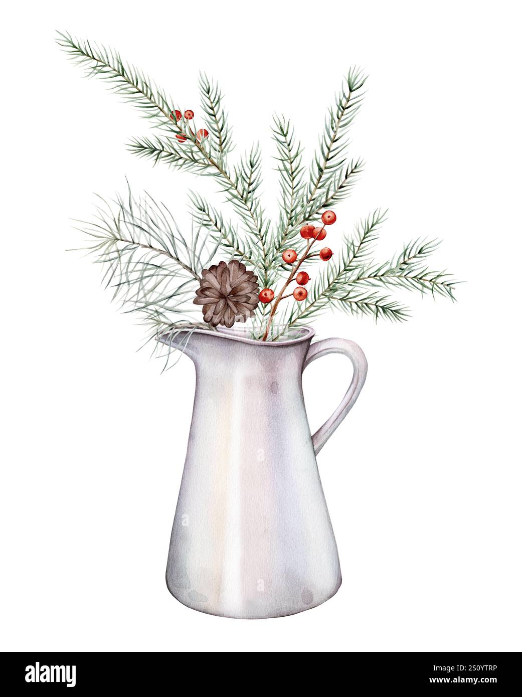 Watercolor illustration of Christmas bouquet of fir tree branch with ...
