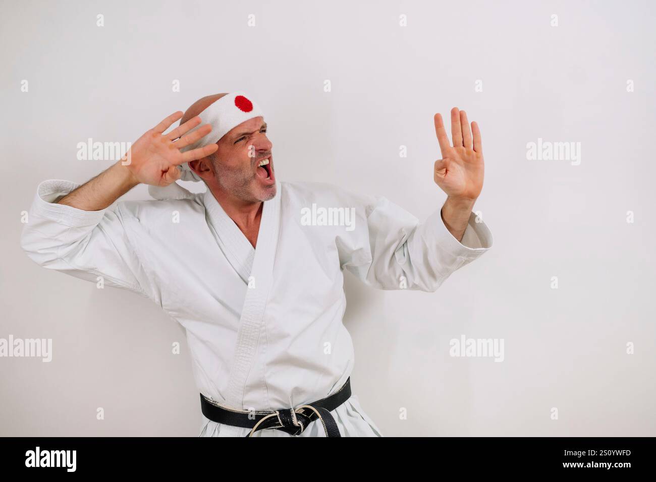 Karate master in defense position. Stock Photo