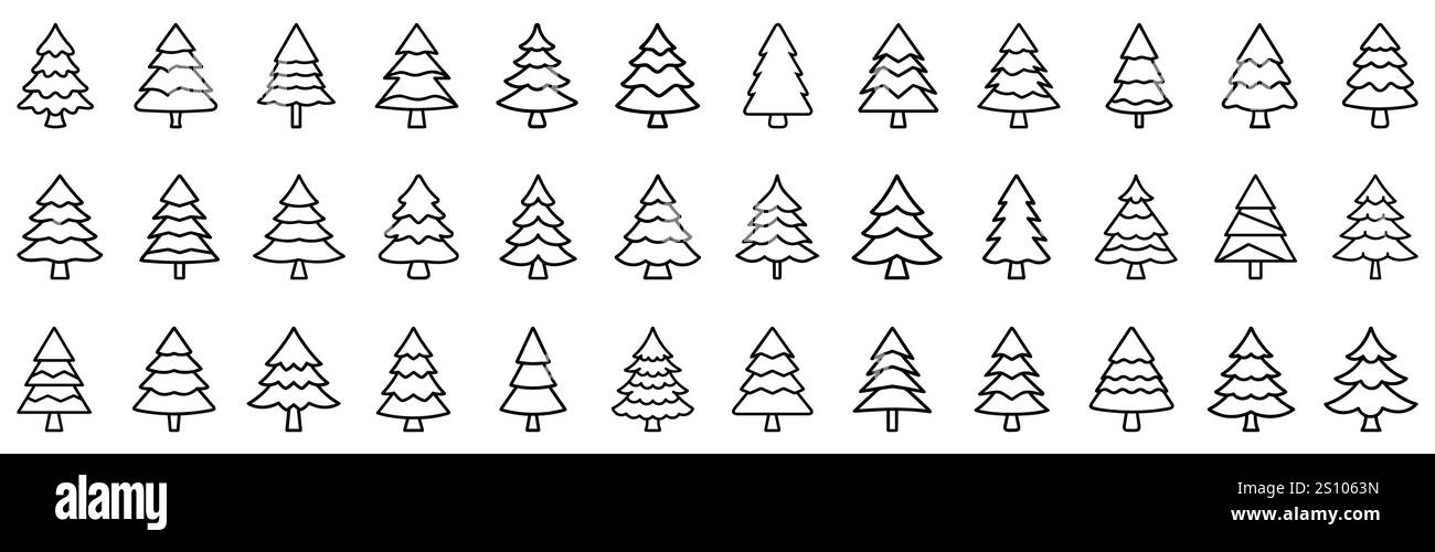Christmas tree linear icon. Big set of black Christmas tree icons ...
