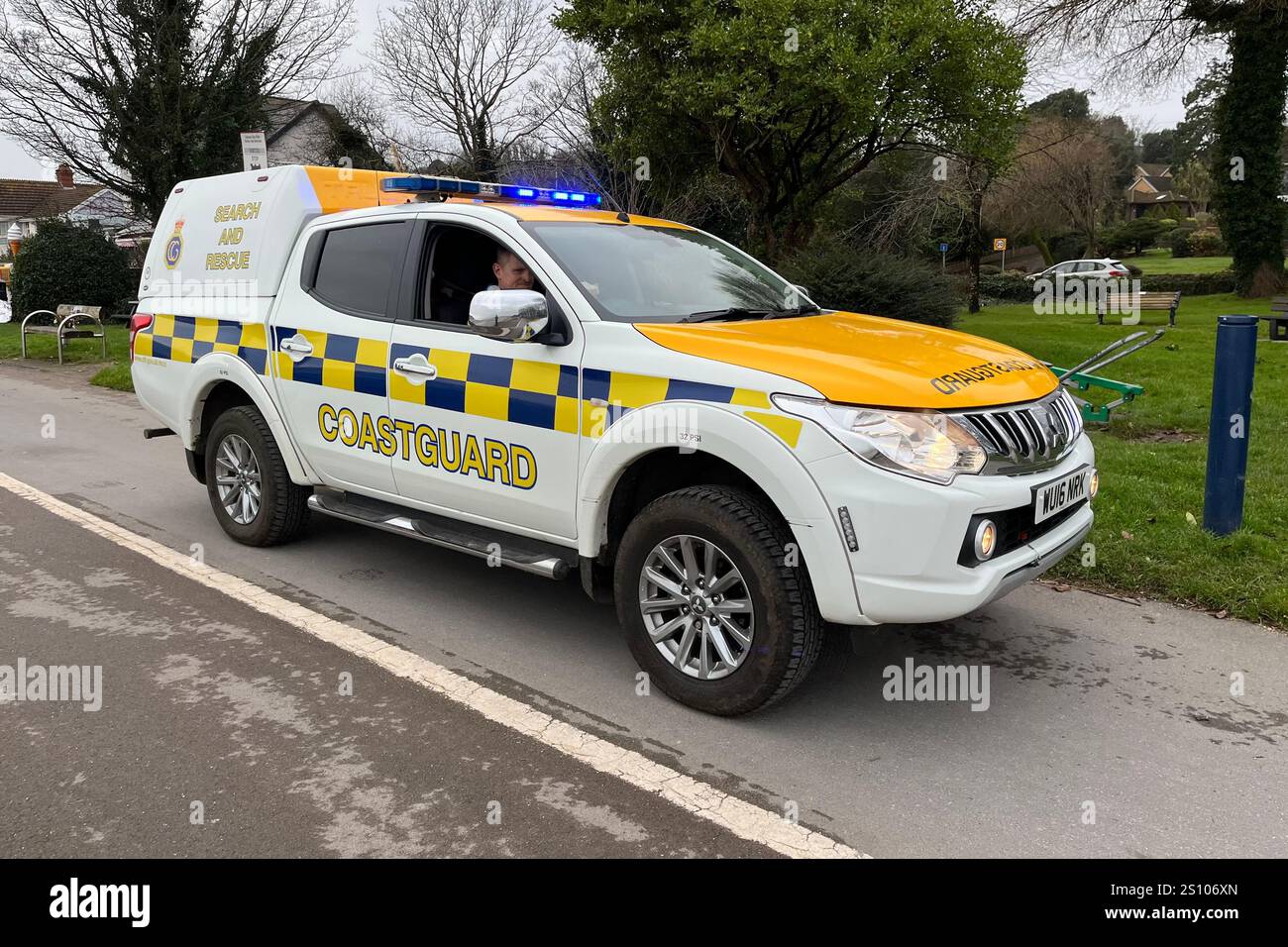 A HM Coastguard Search and Rescue Vehicle driving down the Mumbles Prom. Mumbles, Swansea, Wales, United Kingdom. 28th December 2024. - Smartphone Captured Stock Image