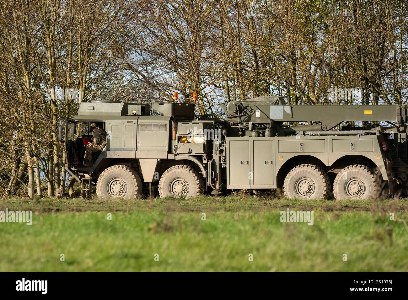 close-up of a British army MAN SVR (Support Vehicle Recovery) 8x8 Truck in motion Stock Photo