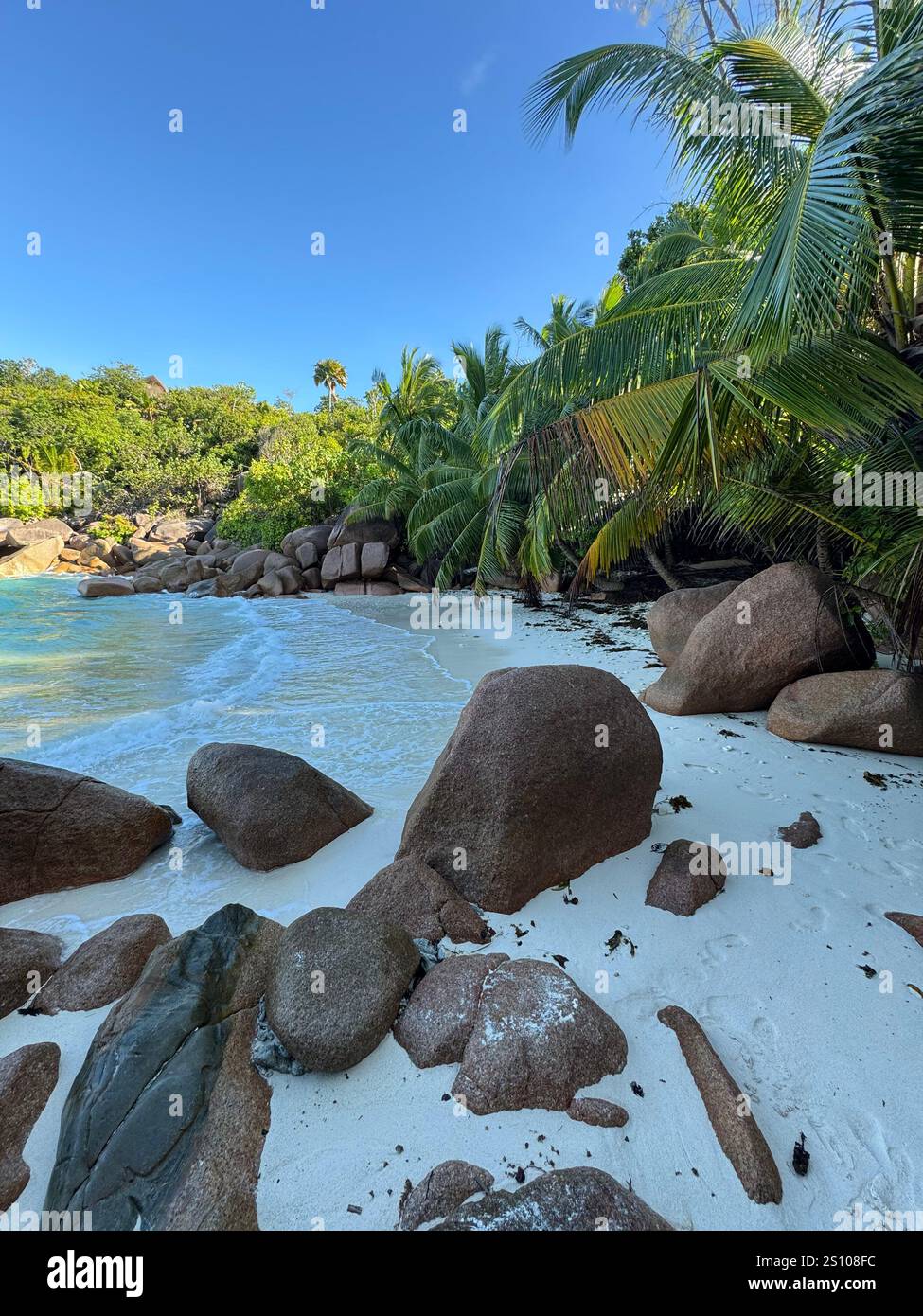 A secluded tropical beach with granite boulders, palm trees, and crystal-clear waters gently lapping at the white sandy shore. Ideal for travel. - Smartphone Captured Stock Image