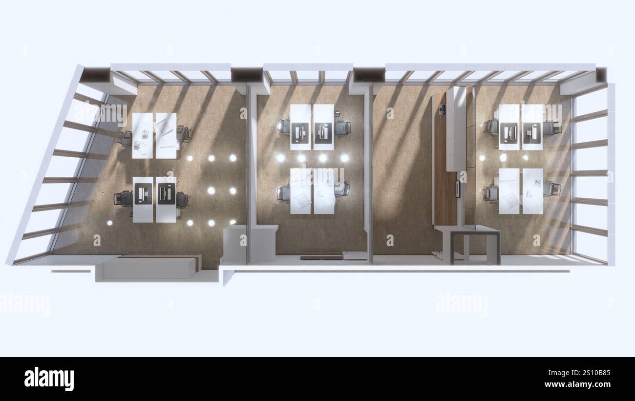 Modern office interior with glass partitions and natural light. 3d ...