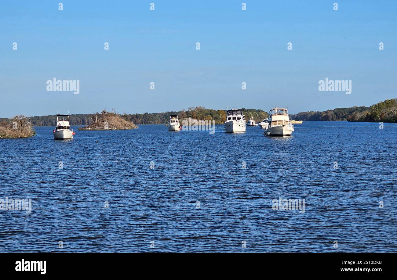 Boats waiting for the lock at Midway on the Tennessee Tombigbee Waterway, Mississippi - Smartphone Captured Stock Image