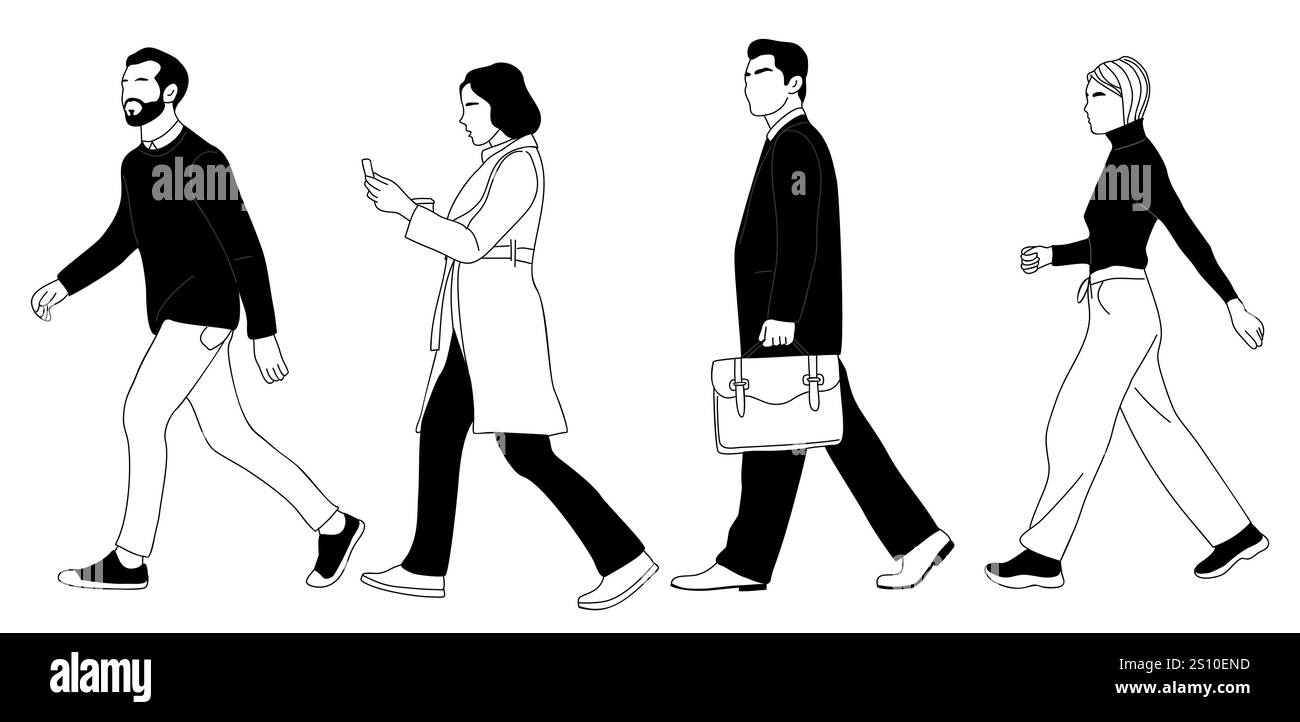 Set of diverse business people walking side view Stock Vector Image ...
