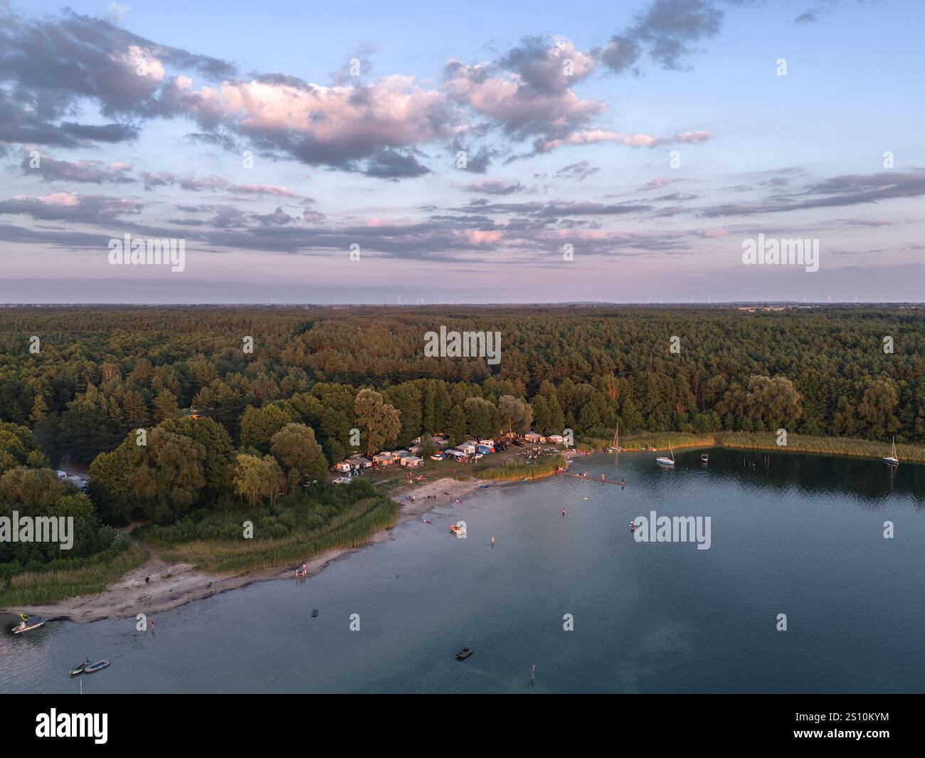 Aerial Landscape Skyline View Of Powidz Lake And Anastazewo Beach At aerial-landscape-skyline-view-of-powidz-lake-and-anastazewo-beach-at