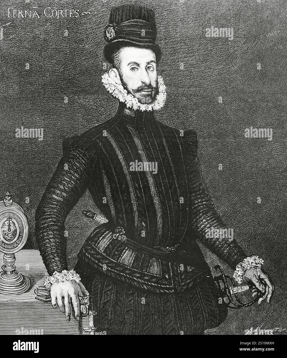 Hernan Cortes (1488-1547). Spanish conquistador of the Aztec empire. Portrait. Engraving by Arturo Carretero (1852-1903) after a painting that belonged to the gallery of the Marquis of Salamanca. La Ilustracion Espanola y Americana (The Spanish and American Illustration). Supplement to issue I. January, 1884. Stock Photo