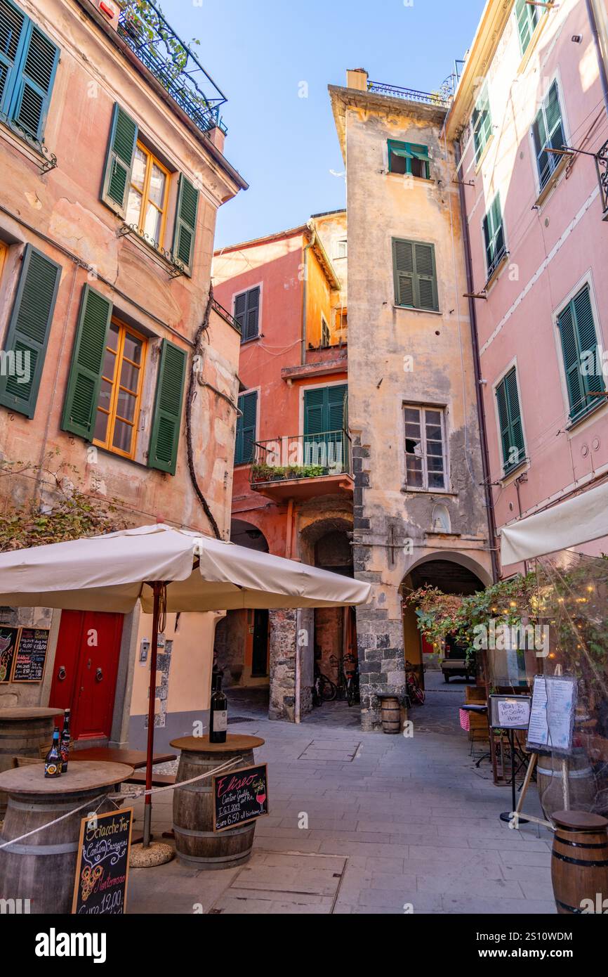 A narrow street in old town Monterosso al Mare, Cinque Terre, Italy. Stock Photo