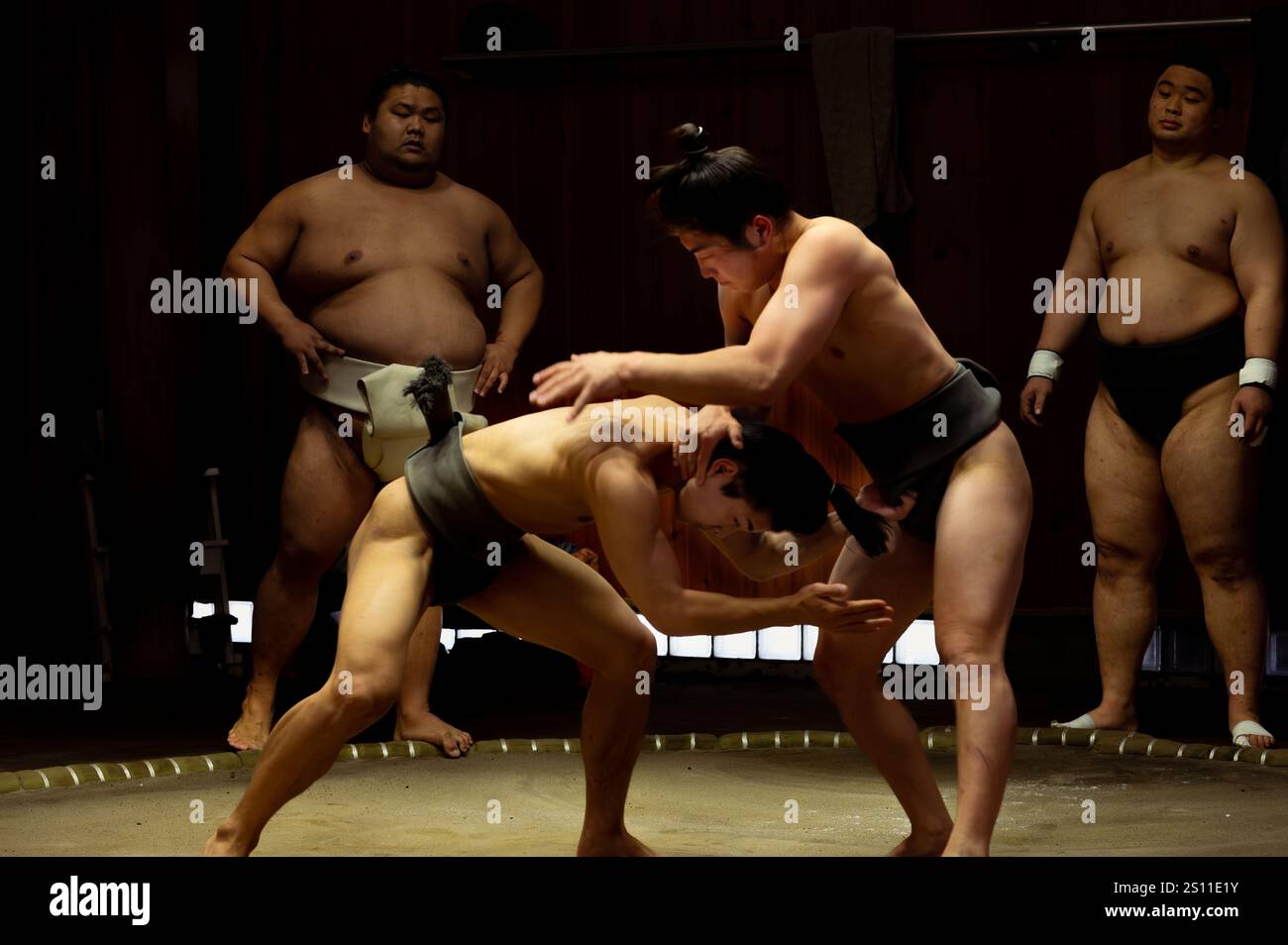 Shadows of Strength: Sumo Wrestlers Face Off in Low Key Training Stock Photo
