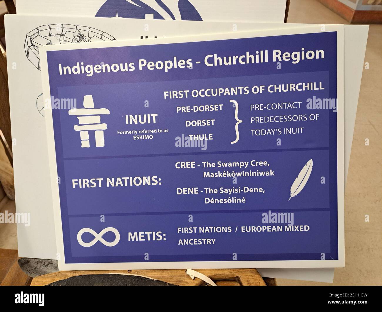 Indigenous peoples sign inside Itsanitaq Museum on La Vérendrye Ave in Churchill, Manitoba, Canada Stock Photo