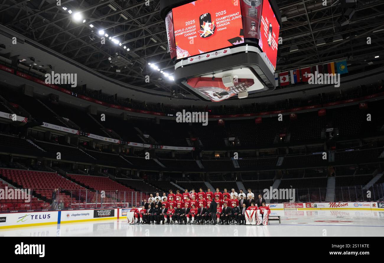 Members of Team Canada pose for a team photo at the IIHF World Junior