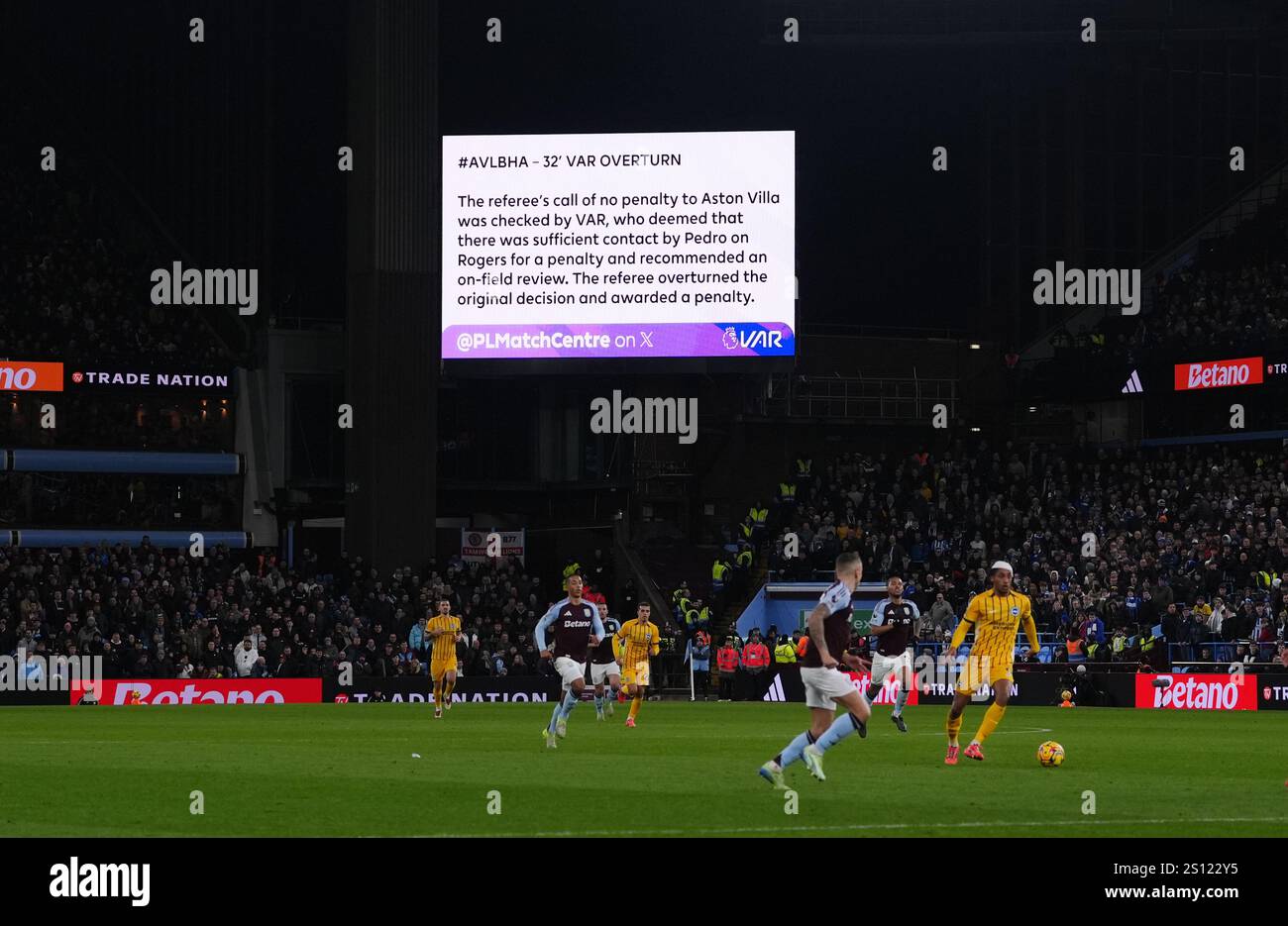 The big screen shows a message to fans about a VAR decision during the ...