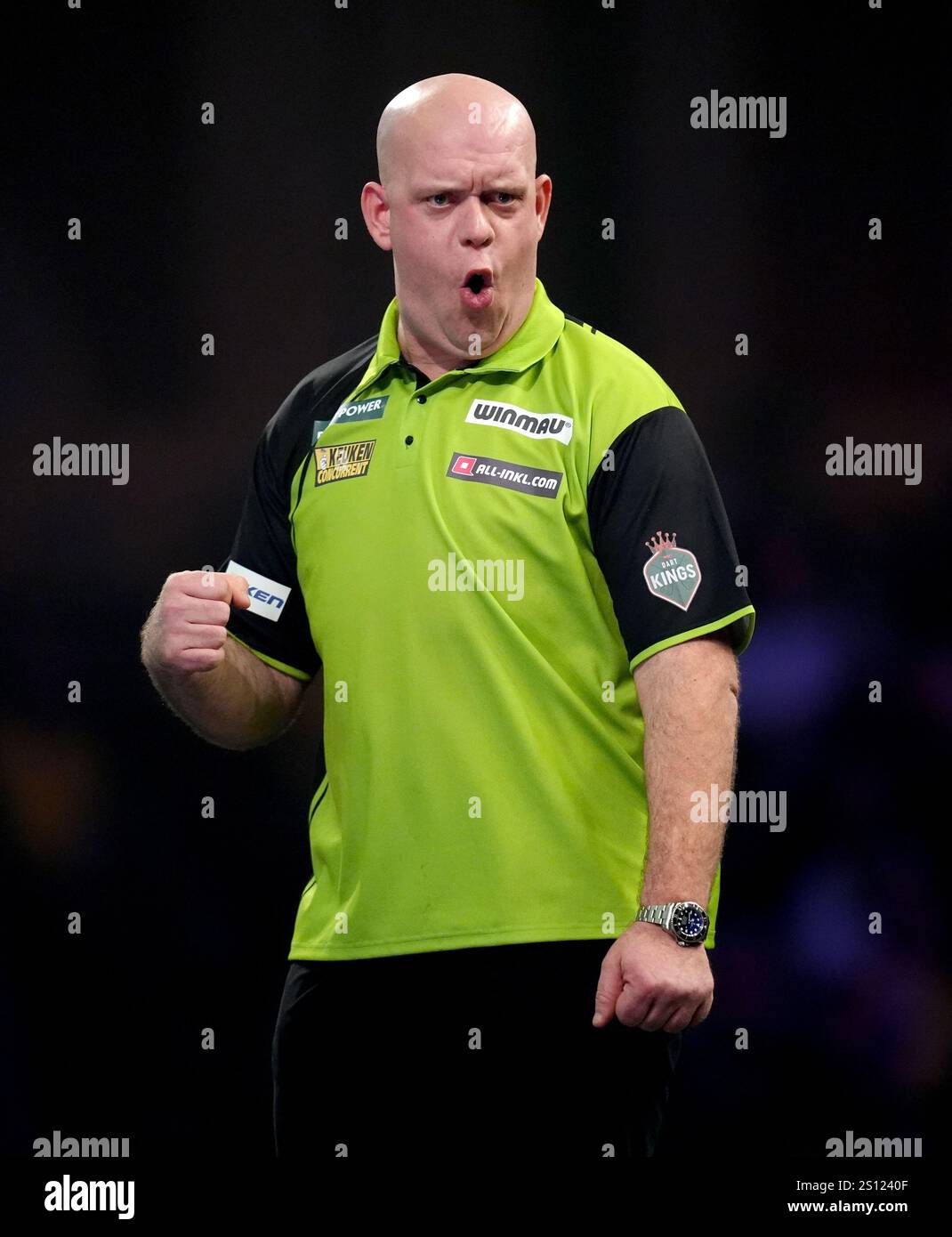 Michael van Gerwen reacts during his match against Jeffrey de Graaf