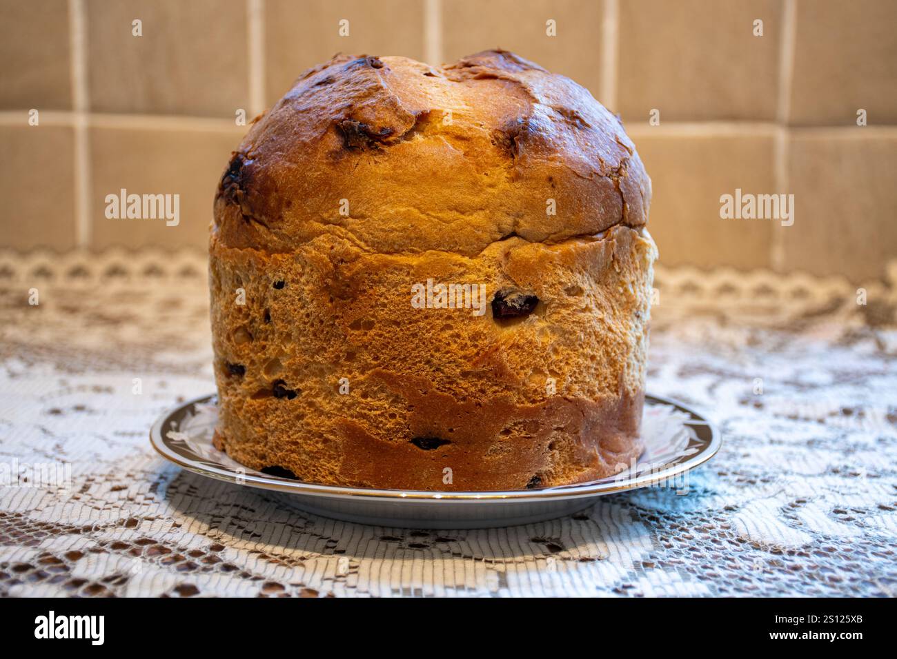 Panettone, a traditional Italian sweet bread and fruitcake, Christmas food, festive foods Stock Photo