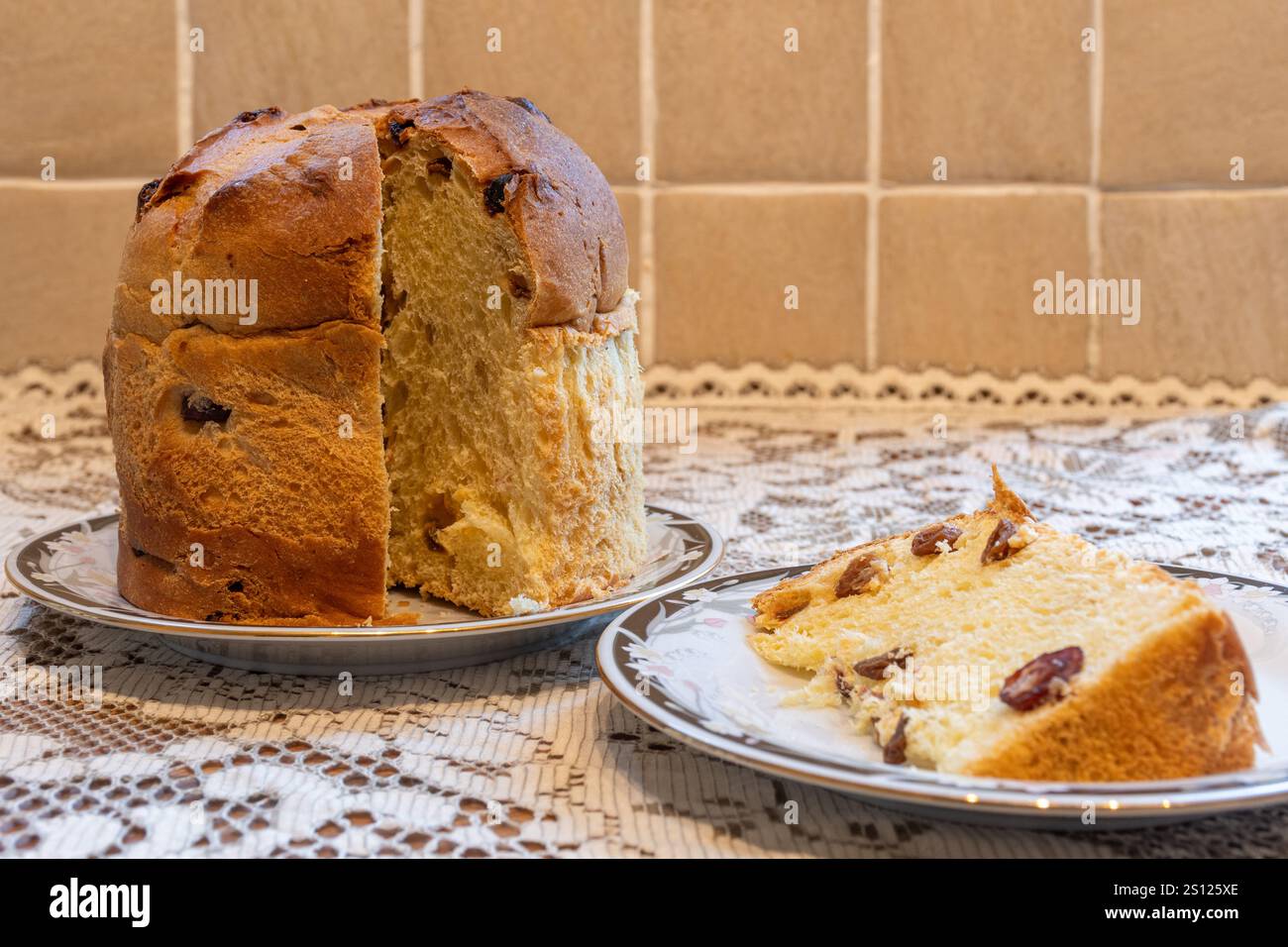 Panettone, a traditional Italian sweet bread and fruitcake, Christmas food, festive foods Stock Photo