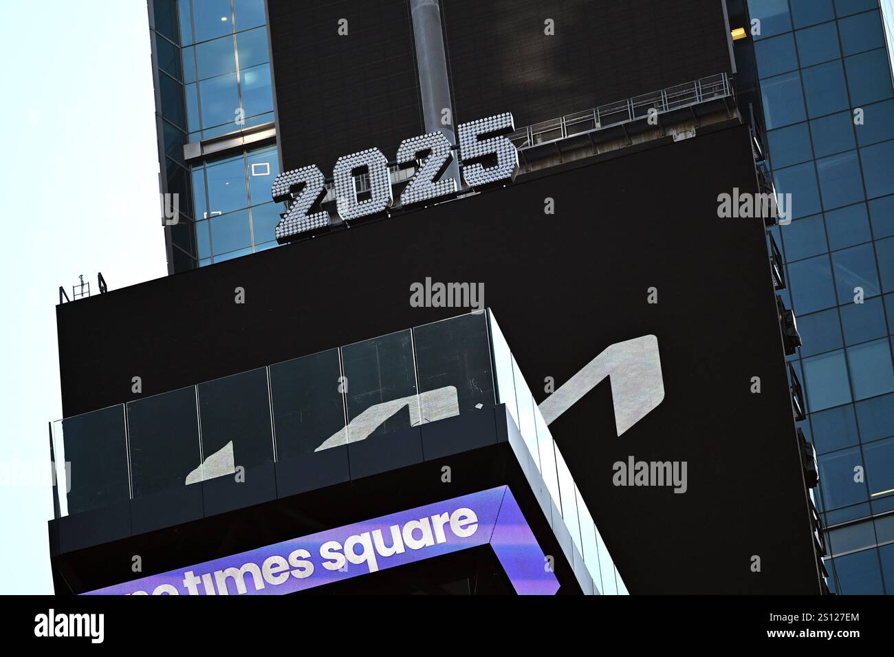 View of the 2025 New Year's numerals atop One Time Square in New York