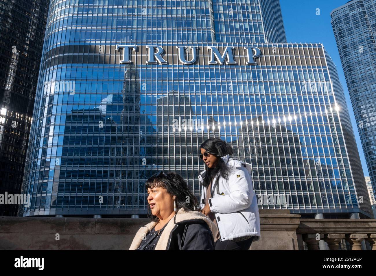 Chicago, USA. 30 December 2025. Signage on the exterior of Trump
