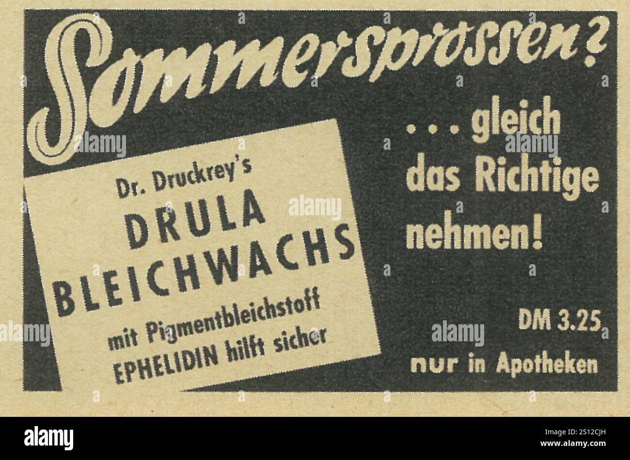 1963 German Dr Druckrey's Drula Bleichwachs bleaching wax skin lightening anti freckles ad Stock Photo