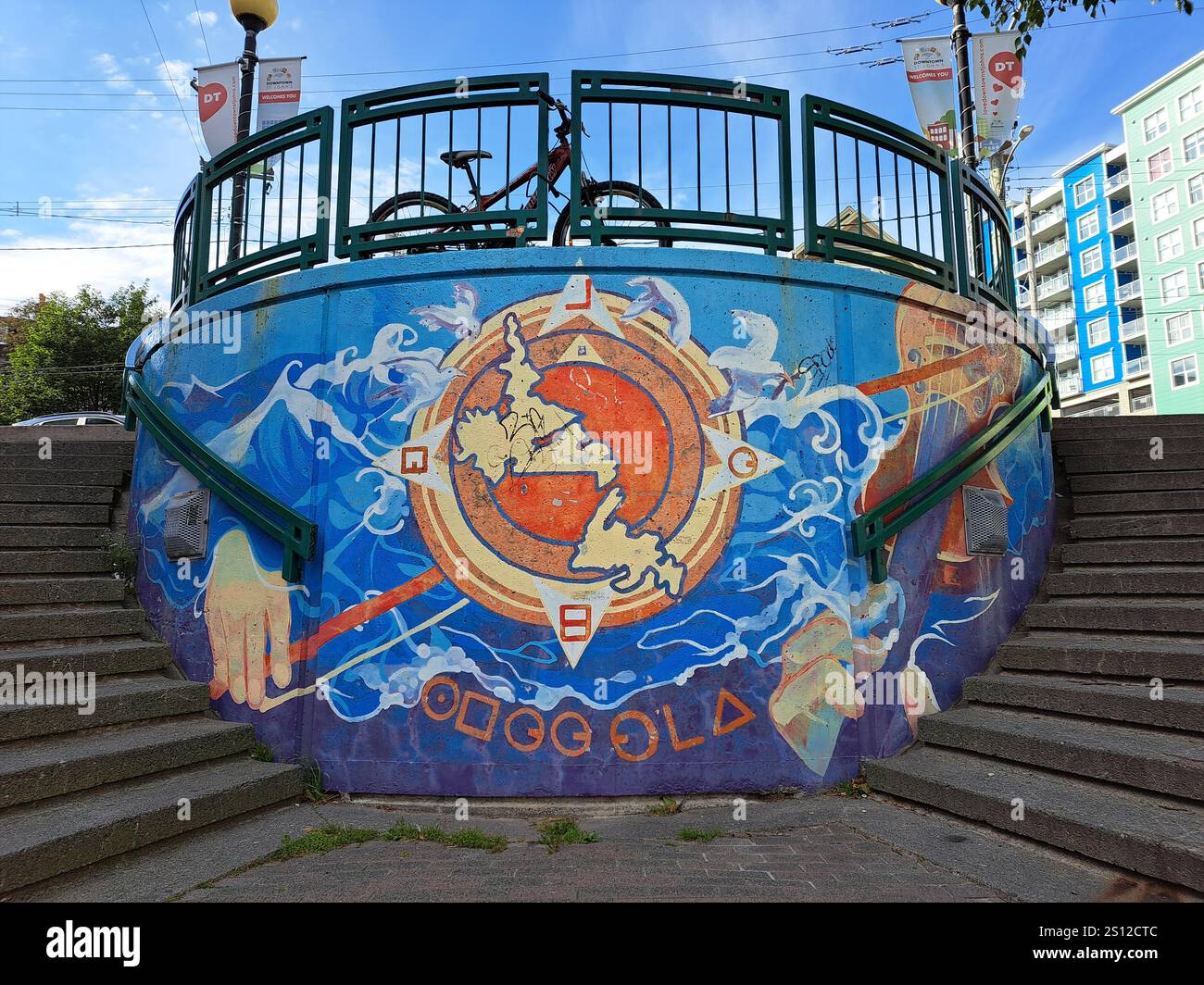 Map of Newfoundland and Labrador mural on stairs to George Street in St. John's, Newfoundland & Labrador, Canada Stock Photo